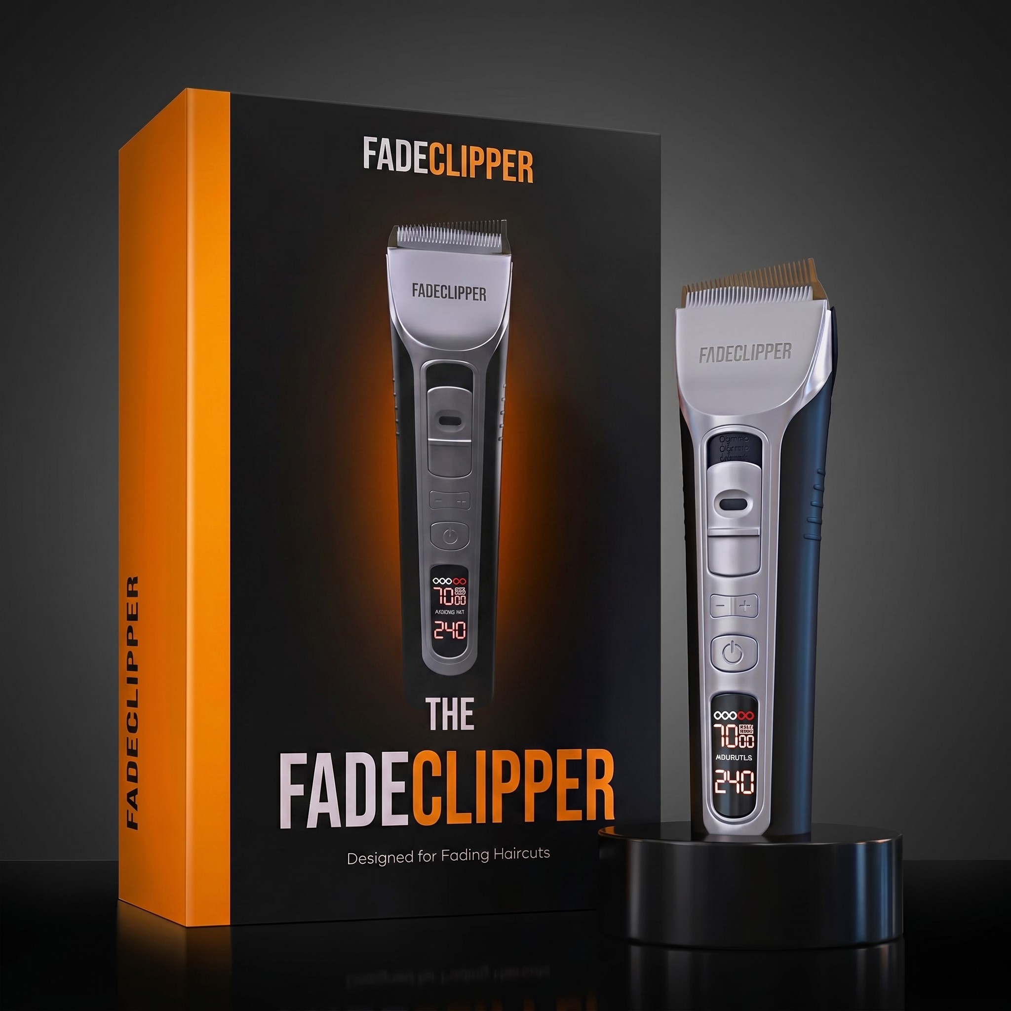 FadeClipper box and clipper on the charging dock